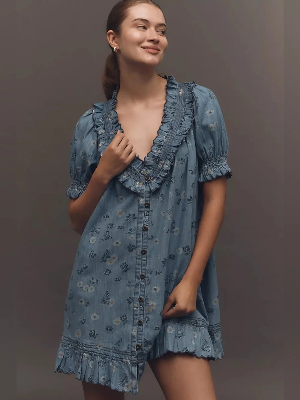 ANTHROPOLOGIE | PILCRO FLORAL PUFF SLEEVE RUFFLED V-NECK SWING MINI DRESS LARGE - Picture 1 of 8